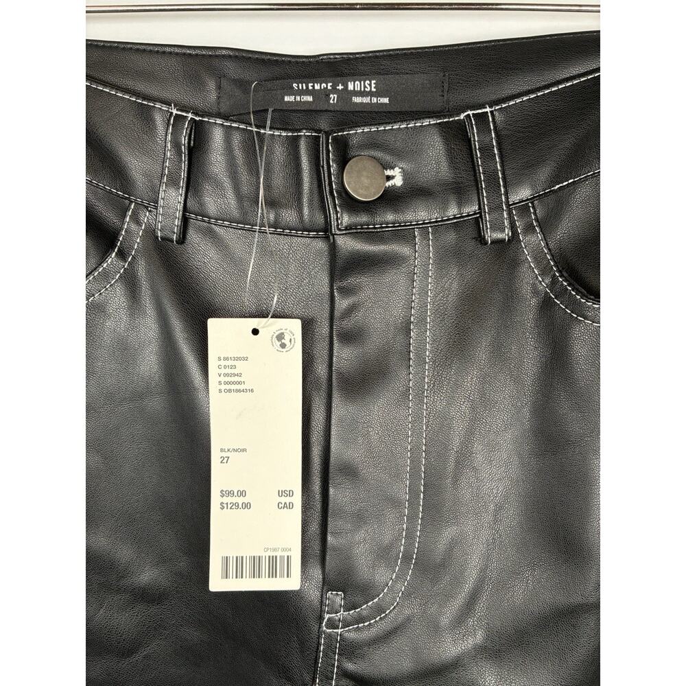 Silence + Noise 27 NWT Black Faux Leather Pants Contrast Stitch Straight Y2K - Picture 3 of 7